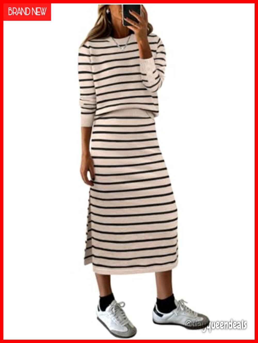 Women 2 Piece Striped Sweater Skirt Set Long Sleeve Pullover Midi Dress